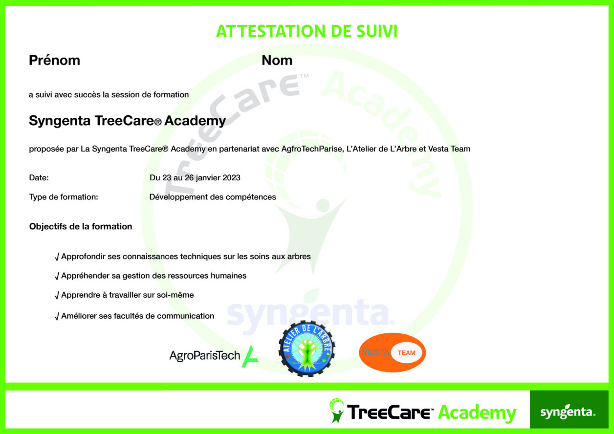 diplôme de certification de la TreeCare Academy