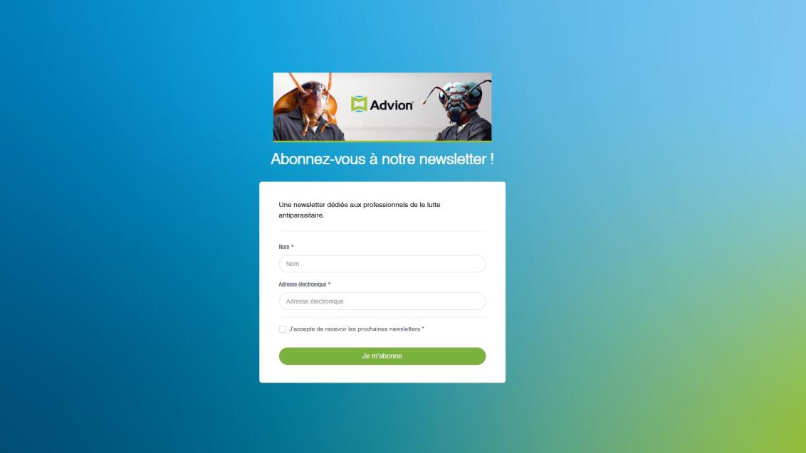 Écran de connexion à une newsletter, fond dégradé bleu et vert