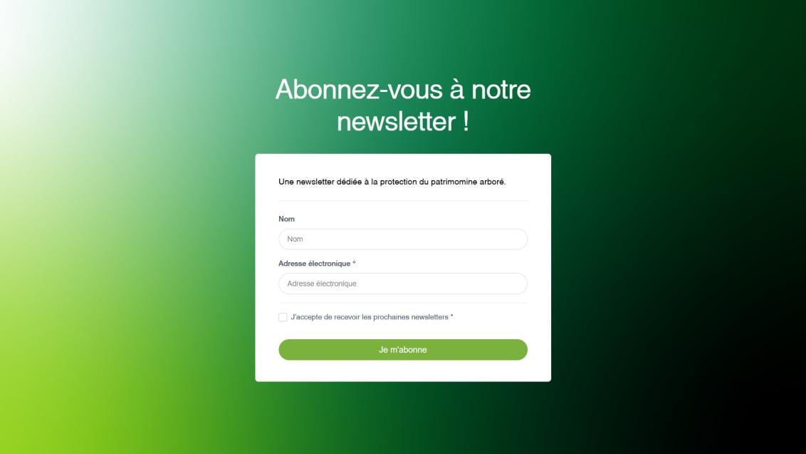 Fenêtre d’inscription à une newsletter sur fond dégradé vert, bouton vert en bas.