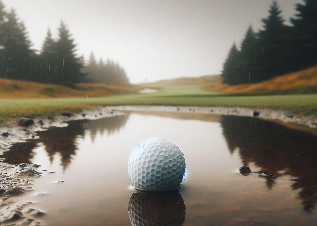 balle de golf dans une flaque sous la pluie