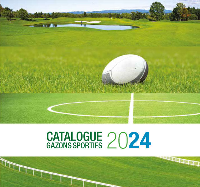 catalogue gazons sportifs 2024 sur 4 images, un terrain de foot, un hippodrome, un terrain de rugby, et un golf