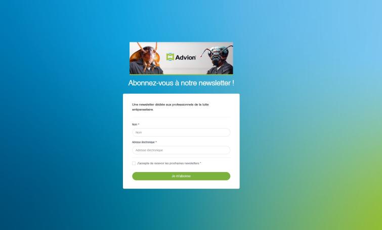 Écran de connexion à une newsletter, fond dégradé bleu et vert