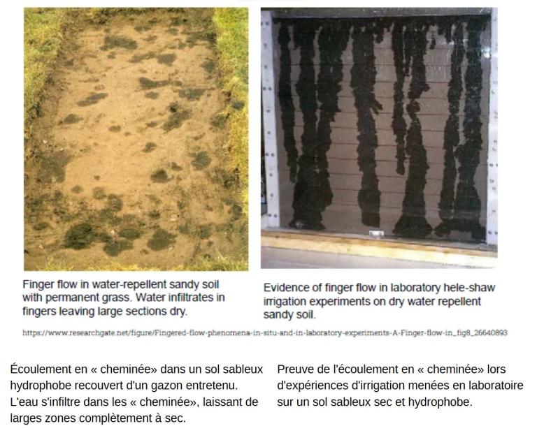 Deux photos : traces de pas sur sable et traces sur vitre illustrant l’effet de l’eau
