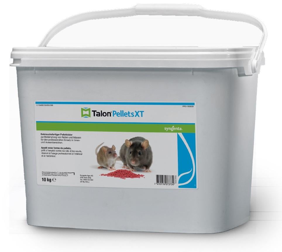 Seau en plastique blanc avec étiquette Talon Pattes XT et photo de rongeurs.