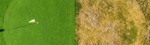 Vue aérienne d’un green de golf à côté d’un terrain sec et jaunâtre